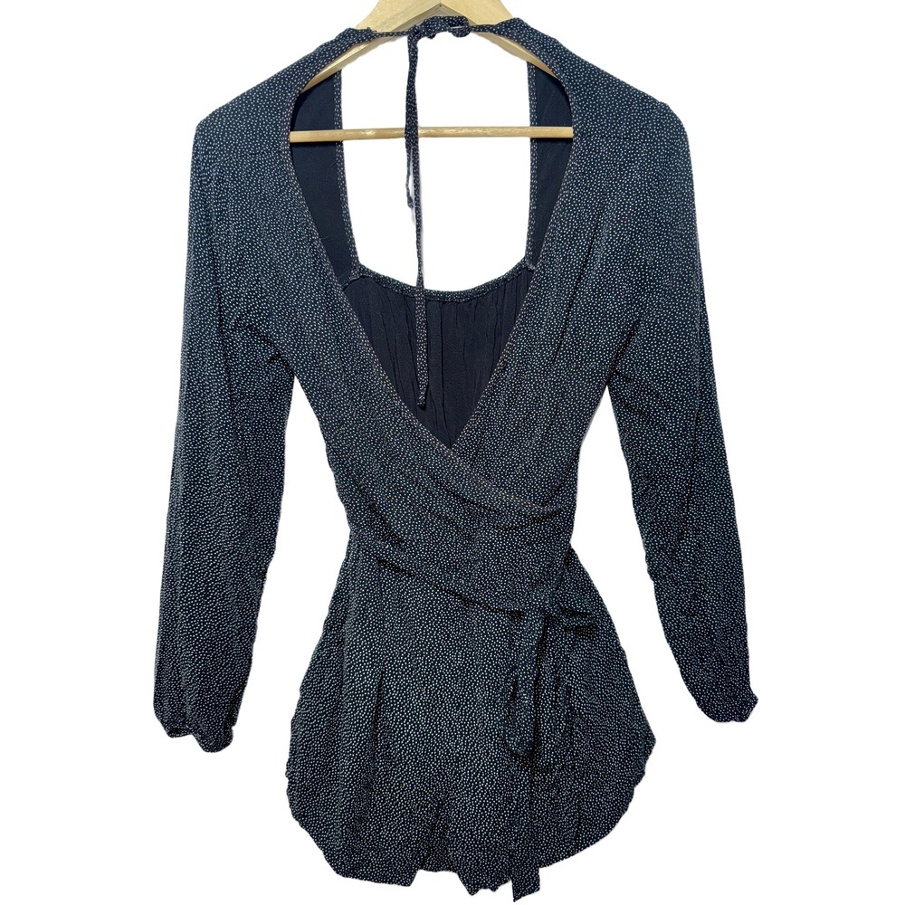 Abercrombie & Fitch Black White Polka Dot V-Neck Long Sleeve Wrap Romper Size S